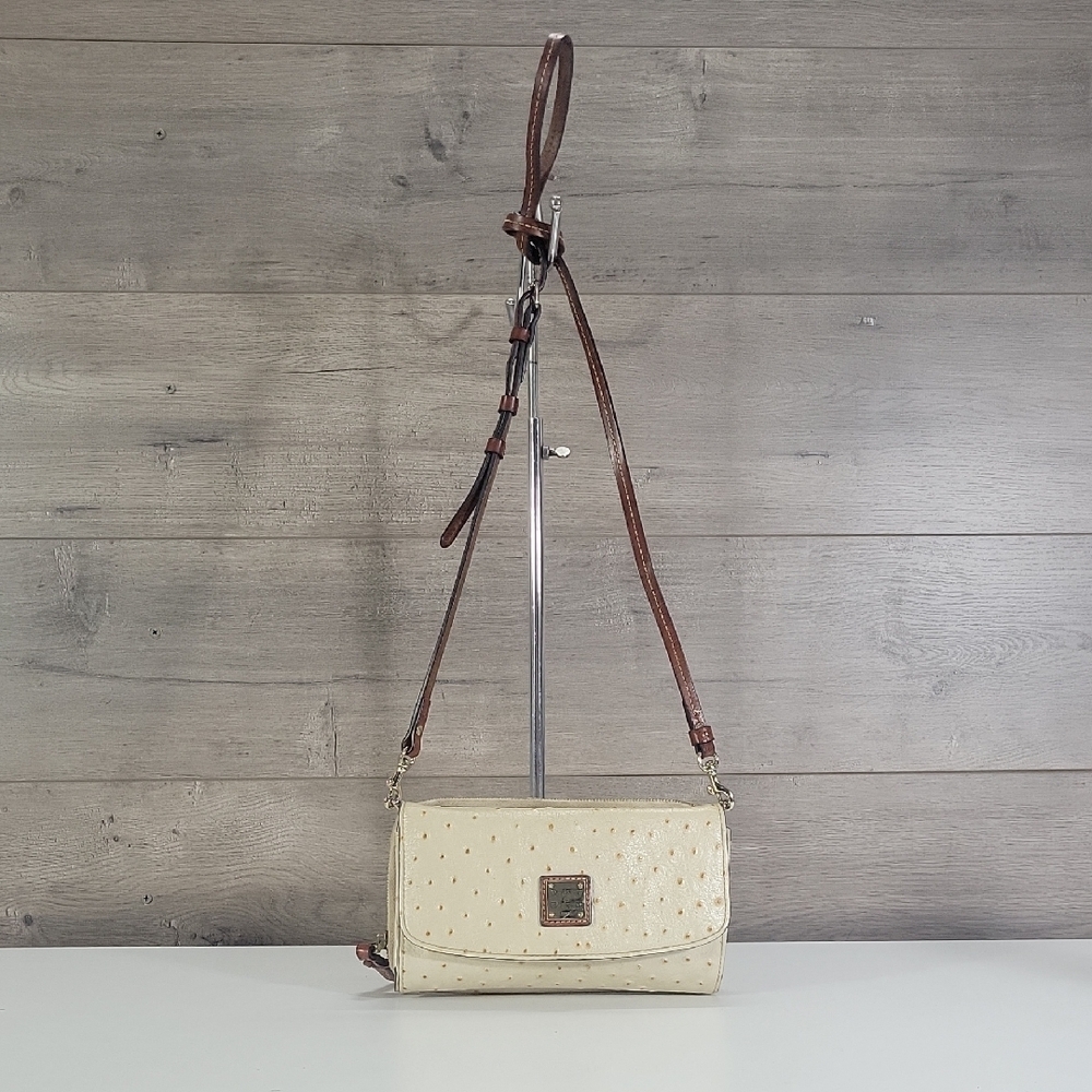 Dooney & Bourke Cream Ostrich Embossed Leather Crossbody Bag with Brown Strap